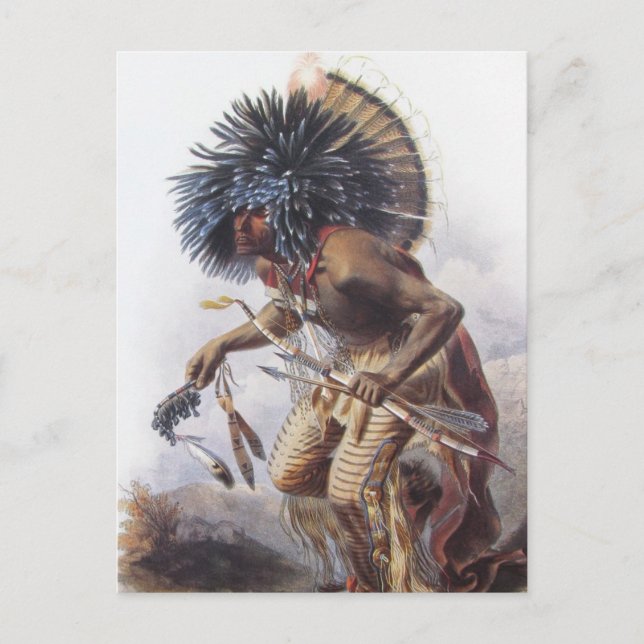 Carte Postale Karl Bodmer - Moennitarri Guerrier faisant Danse d (Devant)