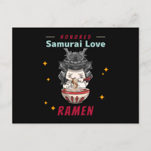 Carte Postale Kawaii a honoré Samurai chat manger Ramen