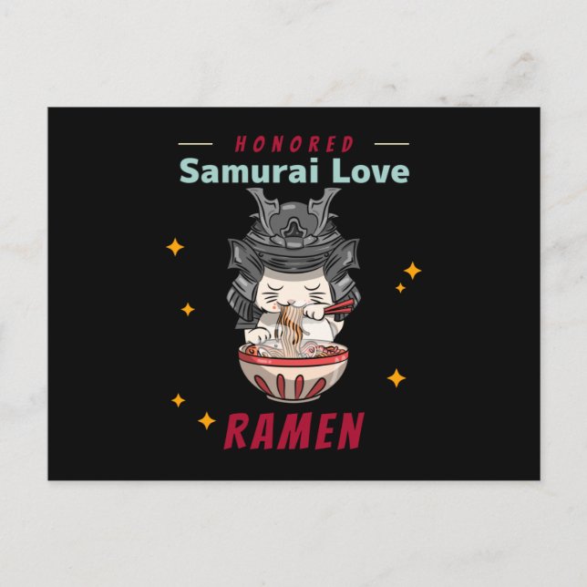Carte Postale Kawaii a honoré Samurai chat manger Ramen (Devant)
