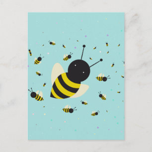 Carte Postale kawaii abeille essaim et pastel pois bleu