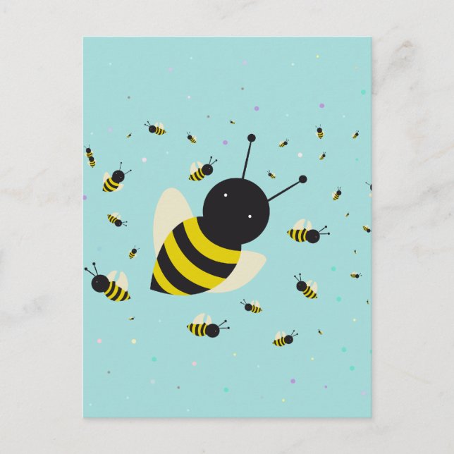 Carte Postale kawaii abeille essaim et pastel pois bleu (Devant)