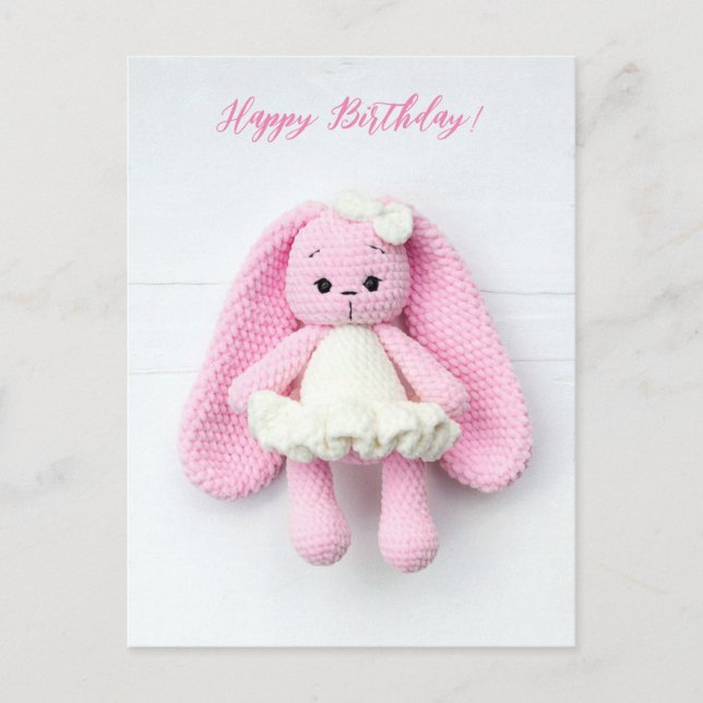 Carte Postale Kawaii Crochet Rose Bunny - Joyeux anniversaire (Devant)