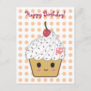 Carte Postale Kawaii Cupcake en Pois "Joyeux anniversaire"