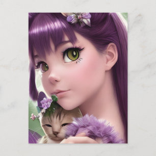 Carte postale Kawaii Girl and Kitten