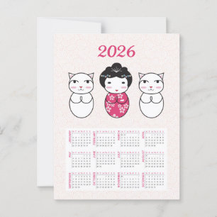 Carte Postale Kawaii Japonais Kokeshi Doll 2026 Calendrier