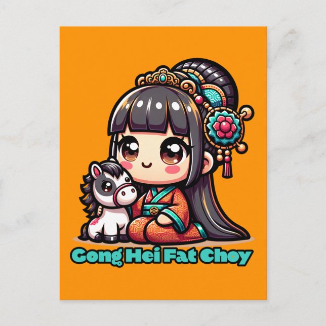 Carte Postale Kawaii Nouvel An chinois Cheval et fille (Devant)
