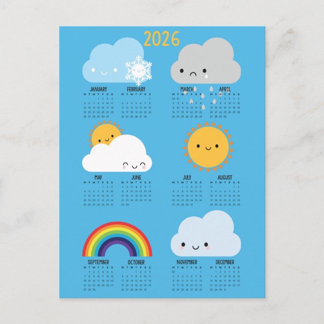Carte Postale Kawaii Skies Heureux Météo 2026 Calendrier (Devant)