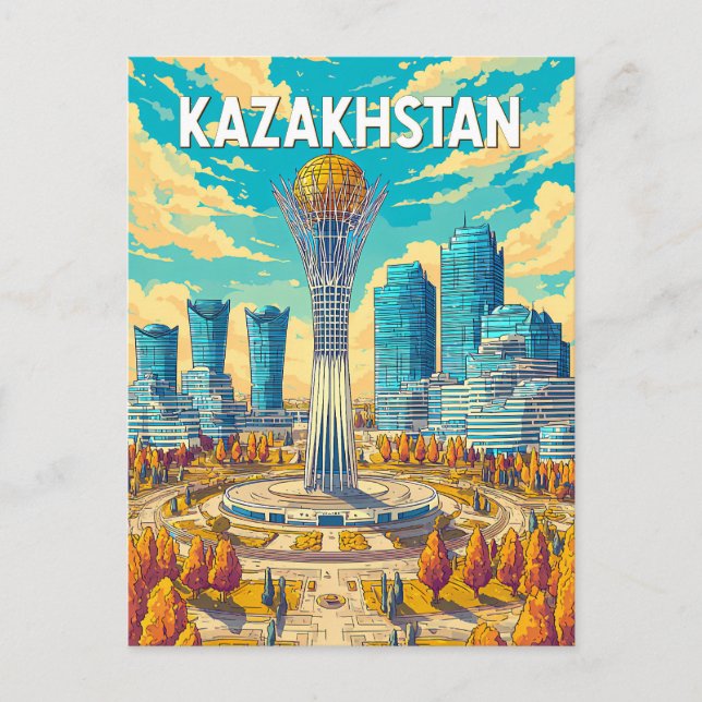 Carte Postale Kazakhstan Illustration Travel Art Vintage (Devant)