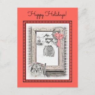 Carte Postale Keeshond Noël hiver fenêtre Peinture Chien Art