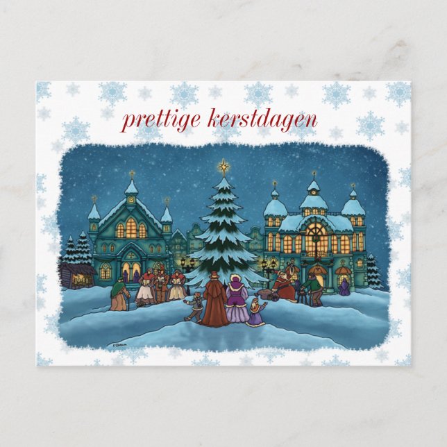 Carte Postale kerst stad postkaart met sneeuwrand nl (Devant)