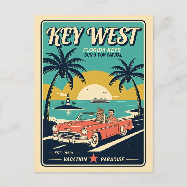 Carte Postale Key West, Floride Style de voyage Rétro 1950  (Devant)