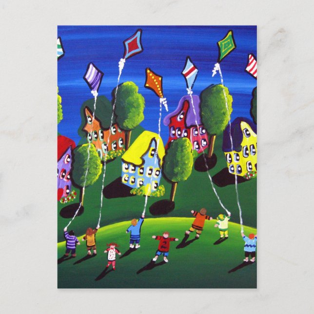 Carte Postale Kids Flying Kites Folk Art (Devant)