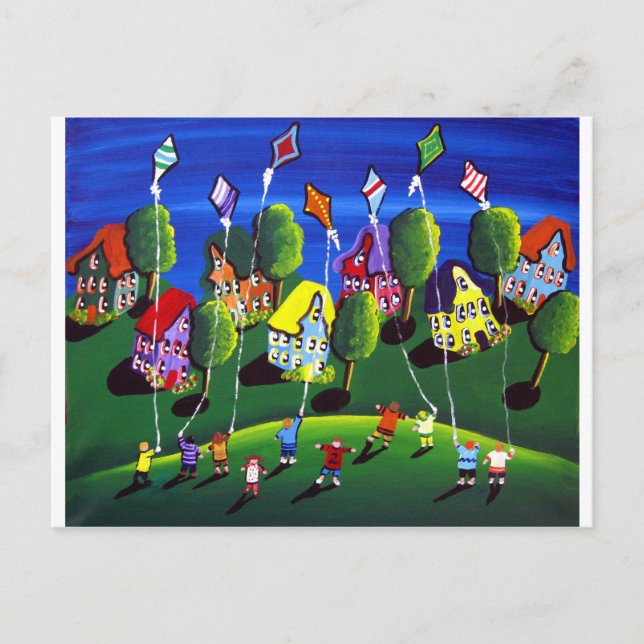 Carte Postale Kids Flying Kites Folk Art (Devant)