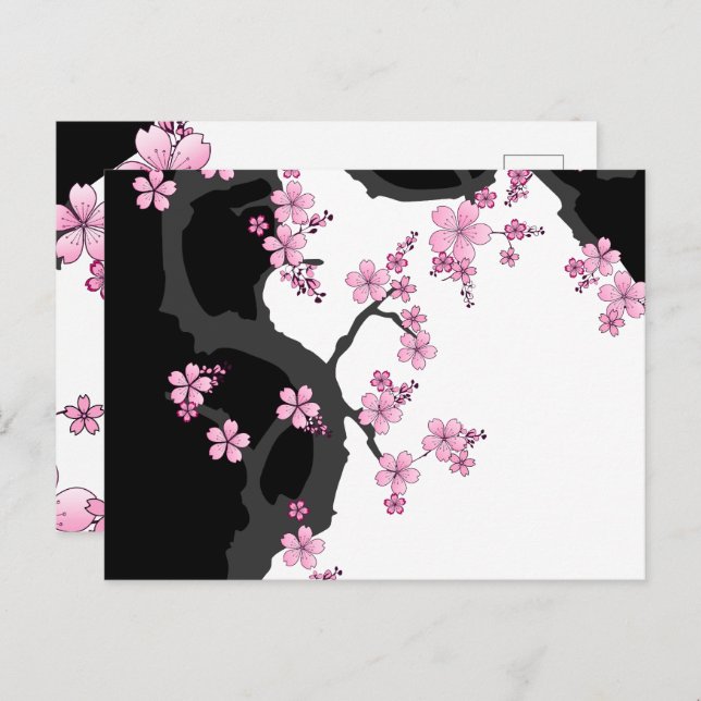 Carte Postale Kimono japonais Sakura noir et blanc (Devant / Derrière)