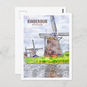 Carte Postale Kinderdijk Pays-Bas Travel Aquarelle Sketch