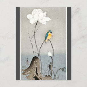 Carte Postale Kingfisher avec Lotus Flower Ohara Koson charbon