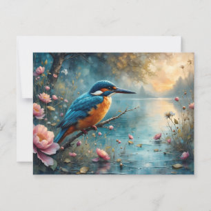 Carte Postale Kingfisher perché sur des fleurs roses d'eau