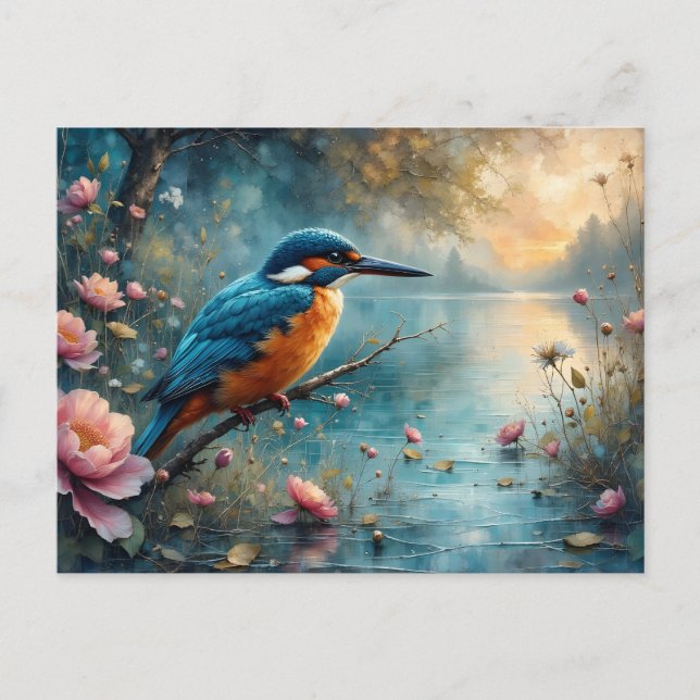 Carte Postale Kingfisher perché sur des fleurs roses d'eau (Devant)