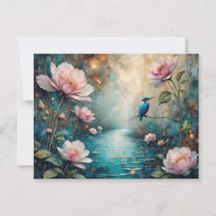 Carte Postale Kingfisher sur l'eau et roses roses