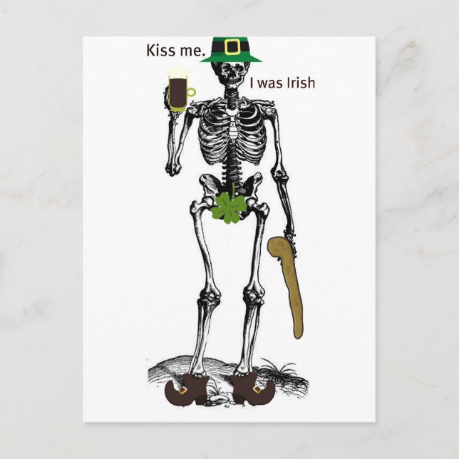 CARTE POSTALE KISS ME I WAS IRISH SKELETON PRINT (Devant)