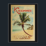Carte Postale Kissimmee Palm Tree Vintage voyage<br><div class="desc">Un style unique rétro moderne Kissimmee Floride du milieu du siècle moderne imprimé dans le style d'affiche de voyage vintage. Il dispose d'un palmier incurvé sur une plage de sable avec l'océan sous un ciel bleu nuageux.</div>