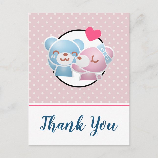 Carte Postale Kissing Bears mignon et Merci Kawaii (Devant)