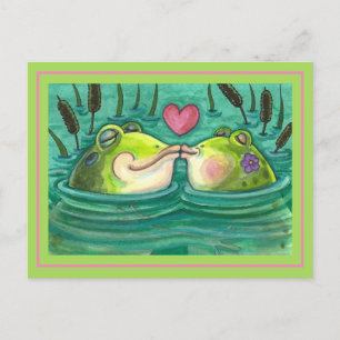 CARTE POSTALE KISSING FROGS COLORÉ & CUTE POND ROMANCE, AMUSANT