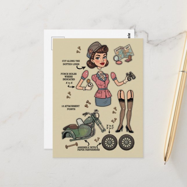 Carte Postale Kit d'aventure de poupées en papier de style vinta (Devant/Arrière en situation)