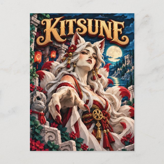 Carte Postale Kitsune, Monstre de Papier Découpé (Devant)
