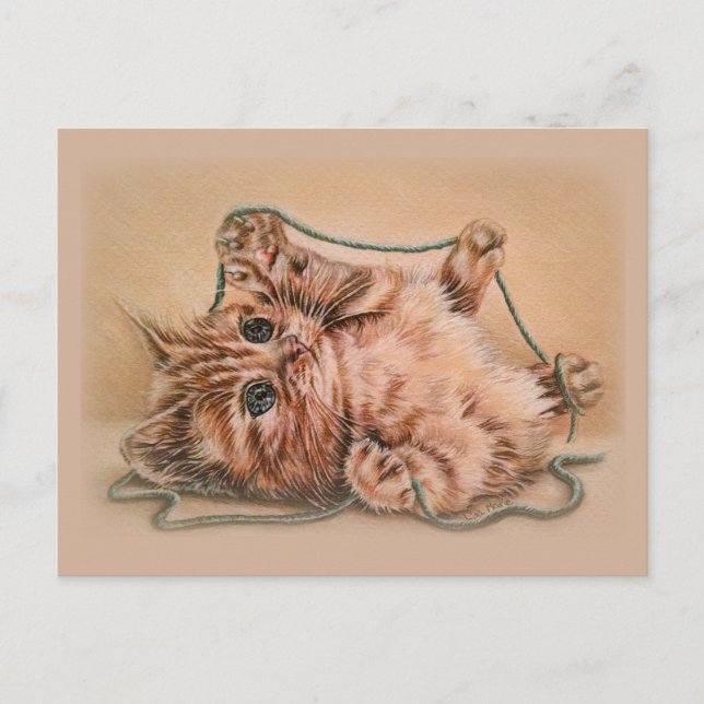 Carte Postale Kitten avec dessin en fils, illustration d'art pou (Devant)