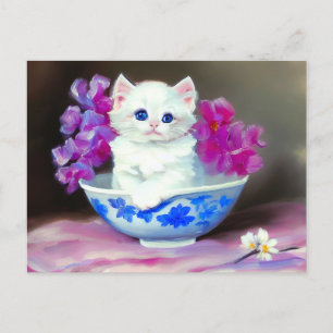 Carte Postale Kitten blanc vintage aux fleurs roses