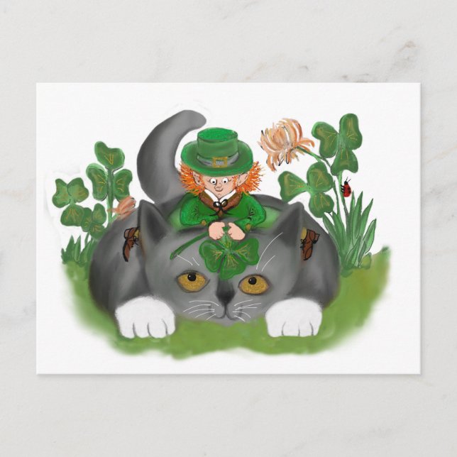 Carte Postale Kitten et Leprechaun Trouvez un trèfle à quatre fe (Devant)