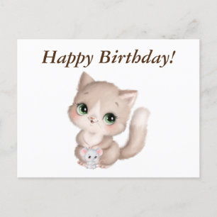 Carte Postale Kitten et souris à l'aquarelle Joyeux Anniversaire