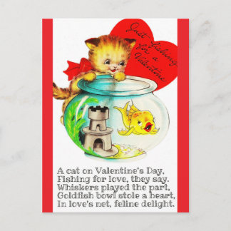 Carte Postale Kitten & Fish Bowl Vintage Valentine Postcard