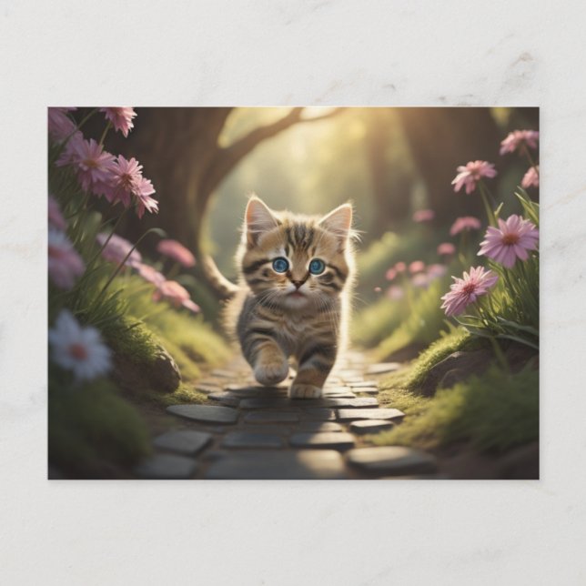 Carte Postale Kitten marchant le long du chemin entre les fleurs (Devant)