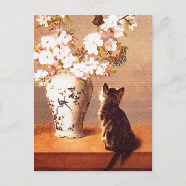 Carte Postale Kitten, papillon et fleurs (Devant)