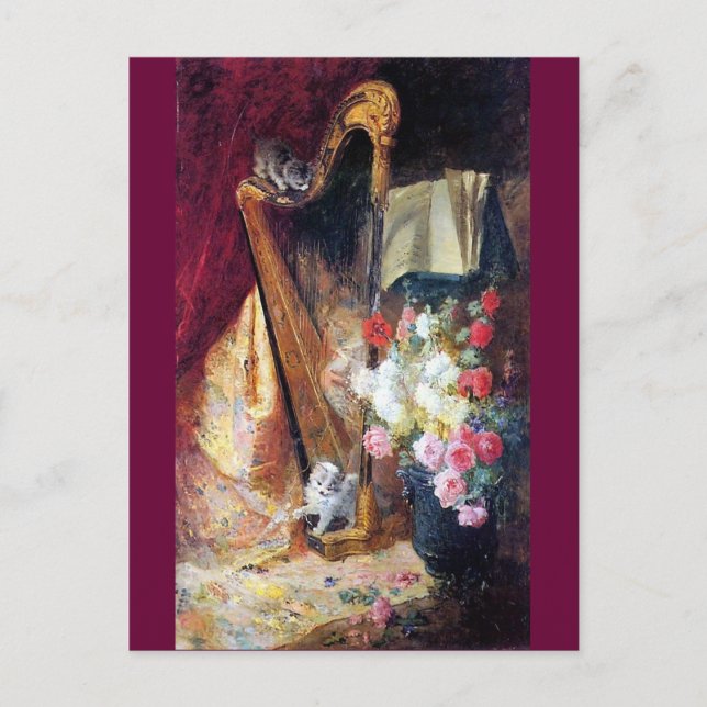 Carte Postale Kittens Jouer Harp Music peinture (Devant)