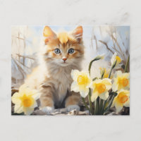 Kitty à l'aquarelle et jonquilles 