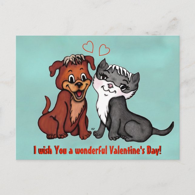 Carte Postale Kitty and Puppy, Joyeuse Saint Valentin ! (Devant)