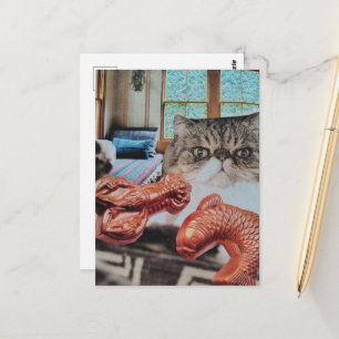 Carte Postale Kitty au homard et collage de poissons