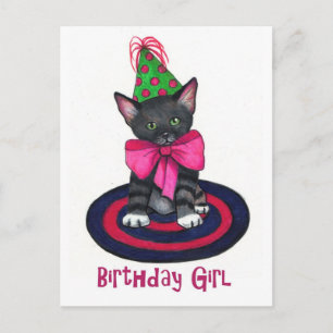 Carte Postale Kitty Avec Bow Rose : Fille Anniversaire : Crayon