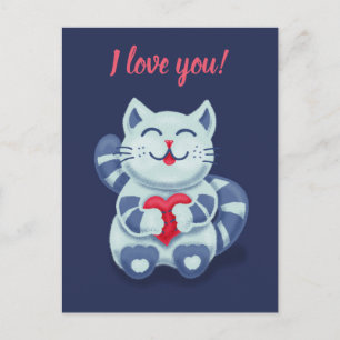 Carte Postale Kitty Avec Coeur Cute Bleu Chat Je T'Aime