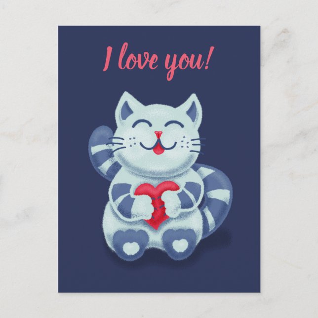 Carte Postale Kitty Avec Coeur Cute Bleu Chat Je T'Aime (Devant)