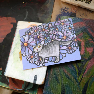 Carte Postale Kitty Chat Purple Daisées Gris Chat Art Gris Chats