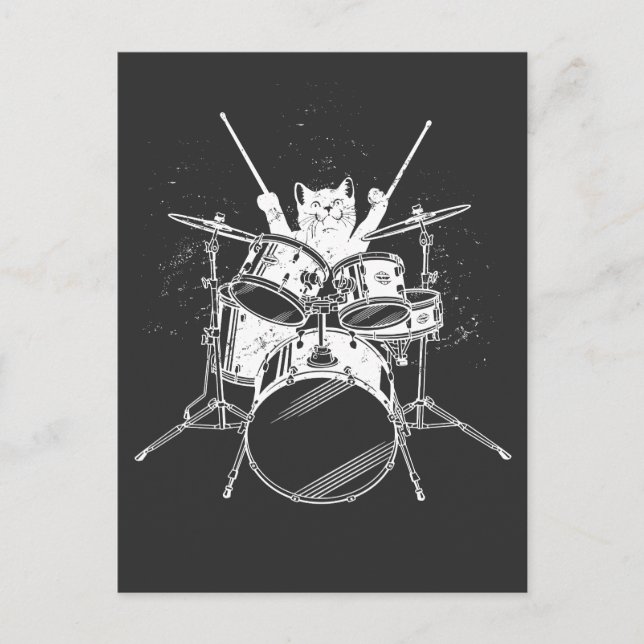 Carte Postale Kitty Chat Rockstar Punk Batteur Jouant Pos (Devant)