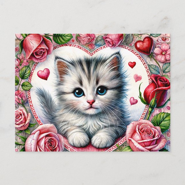 Carte Postale Kitty de la Saint-Valentin avec des roses rouges (Devant)