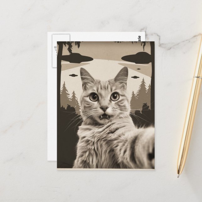 Carte Postale Kitty Funny Sepia et OVNI (Devant/Arrière en situation)