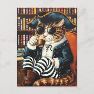 Carte Postale Kitty Pirate avec un café dans une librairie
