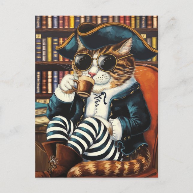 Carte Postale Kitty Pirate avec un café dans une librairie (Devant)