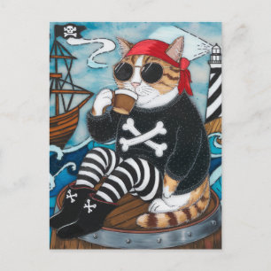 Carte Postale Kitty Pirate en pull noir flou avec un café